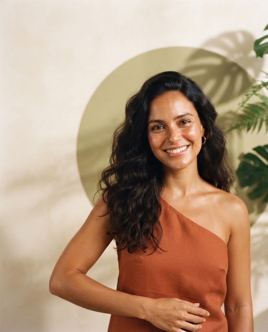 Mulher sorrindo com pele natural e luminosa