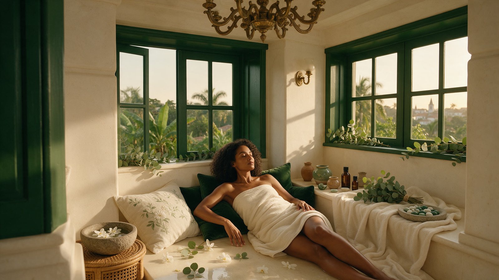 Mulher relaxando em ambiente botânico do Amára Spa