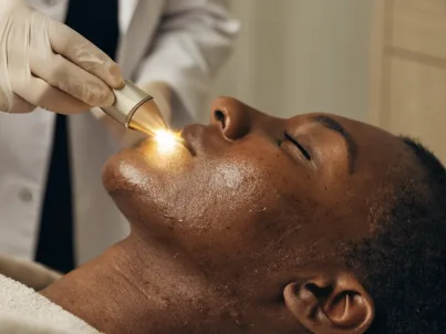 Homem recebendo tratamento facial com aparelho de luz