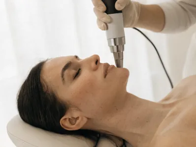 Sessão de laser facial em ambiente clínico