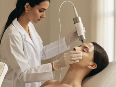 Aplicação de laser no rosto de uma paciente
