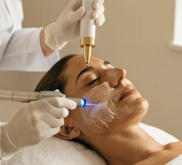 Dermatologista examinando a pele de uma paciente em consulta