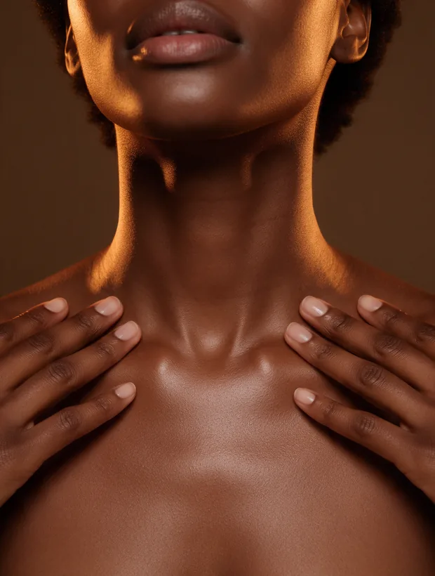 Colo e pescoço de uma mulher de pele negra sob luz quente
