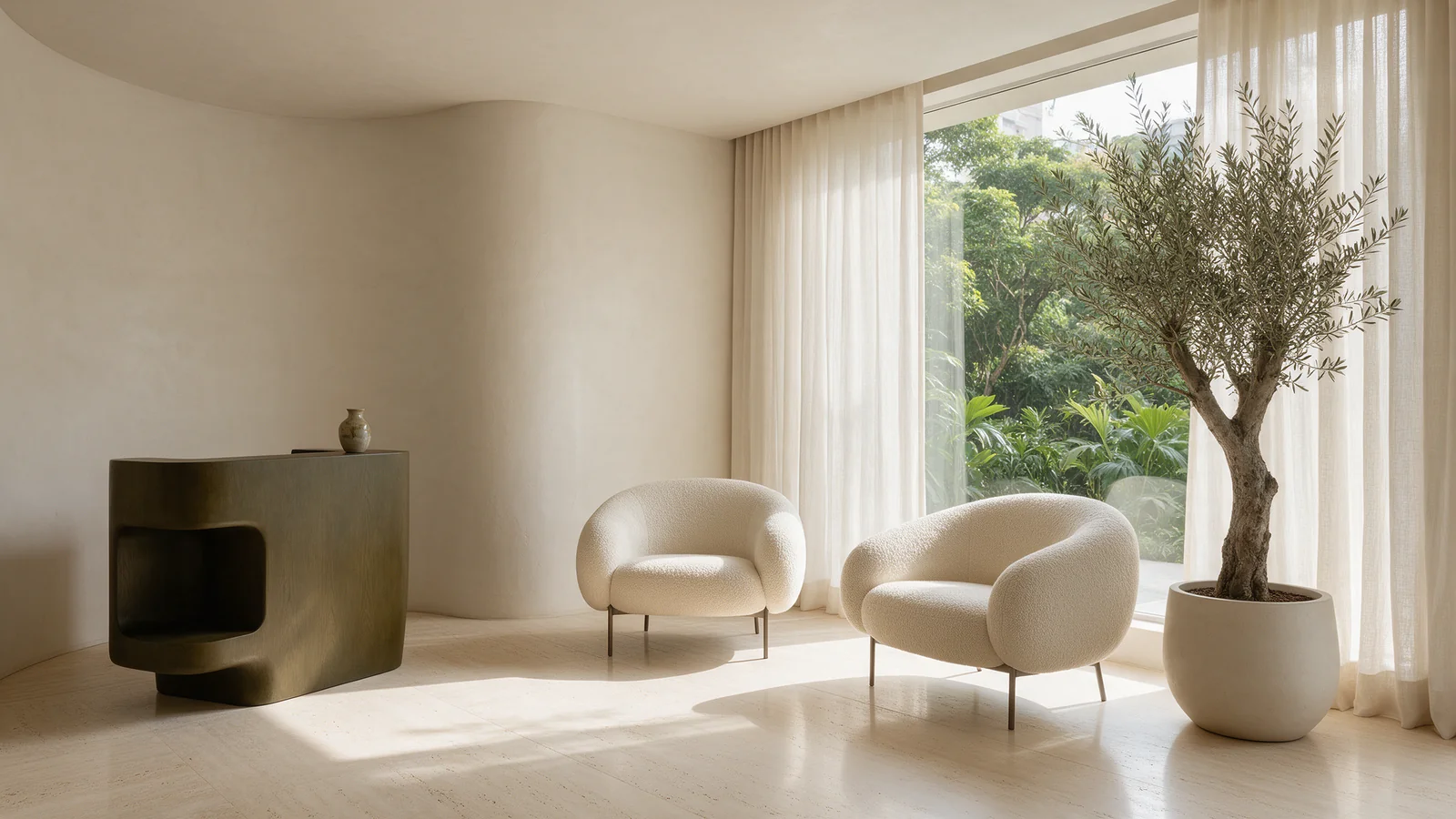 Conceito de recepção Nativa: poltronas claras, travertino e uma oliveira sob luz natural