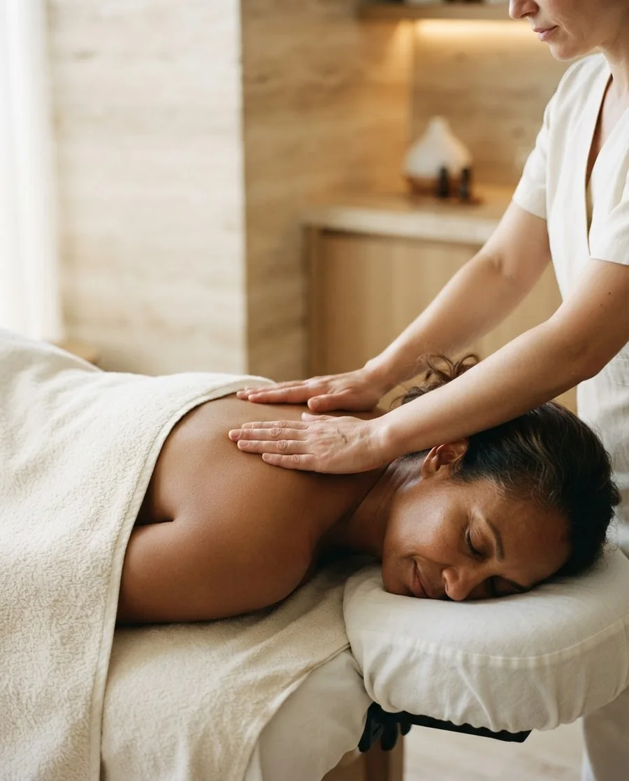 Massagem relaxante na região dos ombros, com toalhas de algodão claras