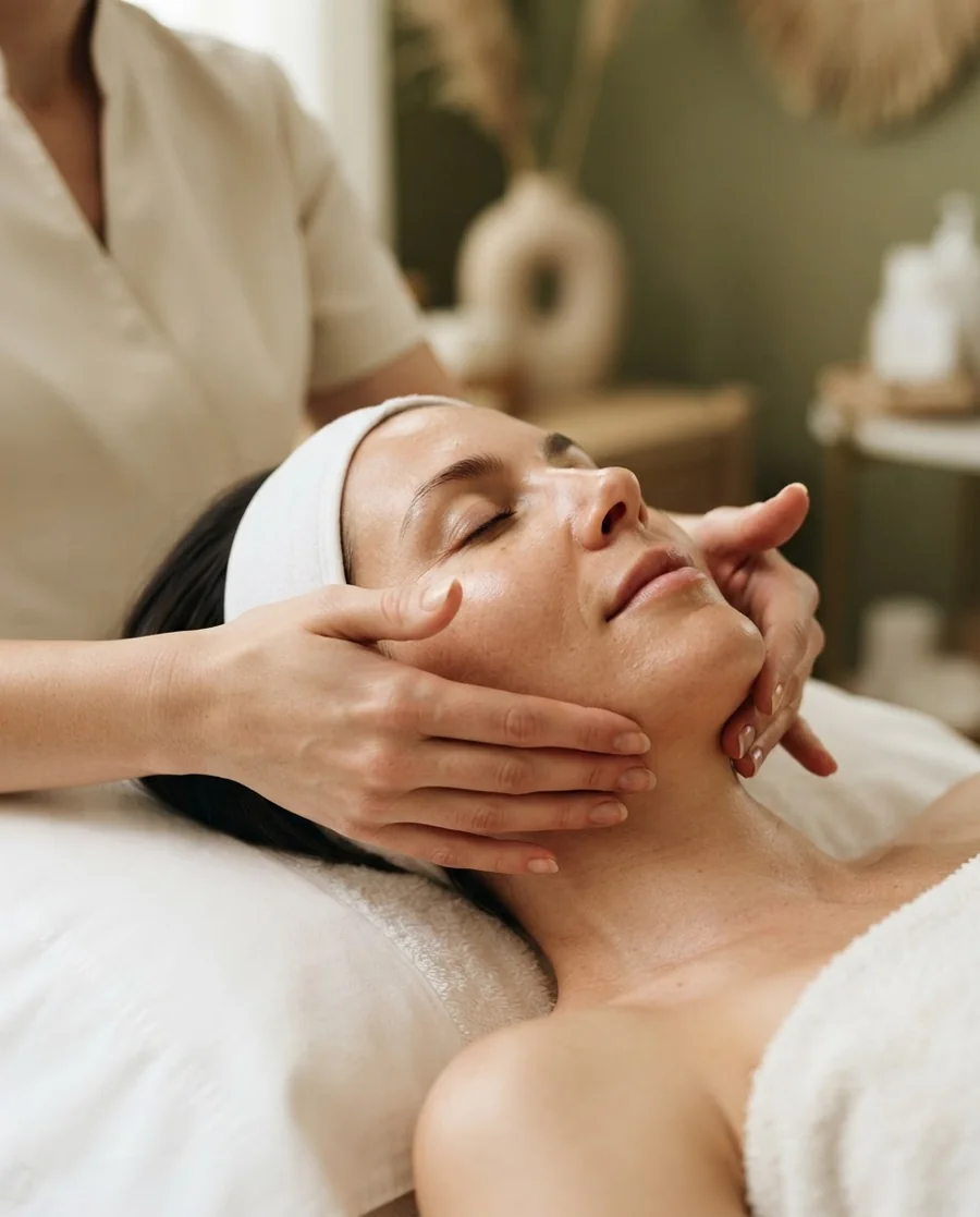 Mulher recebendo massagem facial suave em ambiente acolhedor