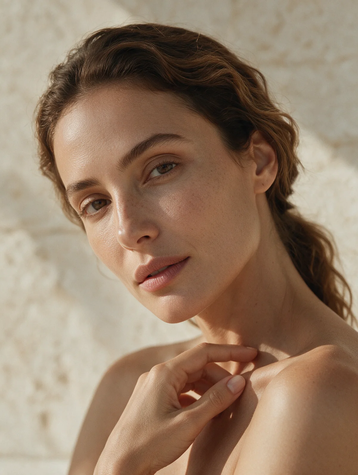 Retrato de mulher com pele natural e sardas, iluminada suavemente pelo sol