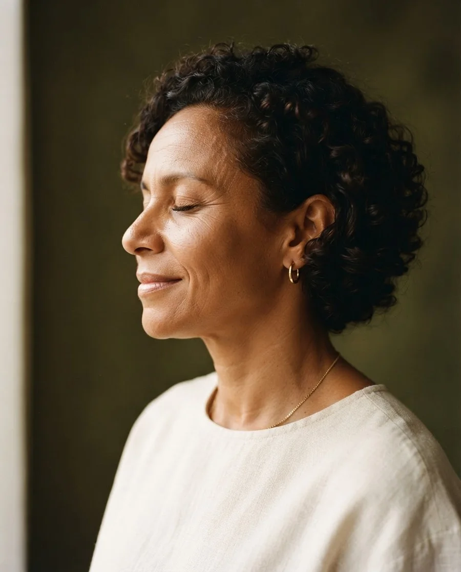Mulher de cabelos curtos e cacheados, com expressão serena e pele de textura natural